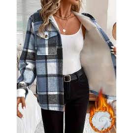 Women's -Lined Plaid Shirt Jacket - Warm Thick Winter Coat with Button Front Closure, Longline Fall Outerwear, Machine Washable Casual Blouse for Christmas & Cold Weather