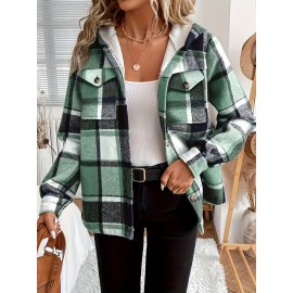 Women's -Lined Plaid Shirt Jacket - Warm Thick Winter Coat with Button Front Closure, Longline Fall Outerwear, Machine Washable Casual Blouse for Christmas & Cold Weather
