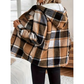 Women's -Lined Plaid Shirt Jacket - Warm Thick Winter Coat with Button Front Closure, Longline Fall Outerwear, Machine Washable Casual Blouse for Christmas & Cold Weather