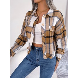 Women's Elegant Structured Jacket - Plaid Checkered Coat (Red/White/Tan) with Classic Collar & Chest Pocket Button Closure, Machine Washable Long Sleeve Blazer for Office, Casual or Formal Wear - Spring/Autumn Outerwear
