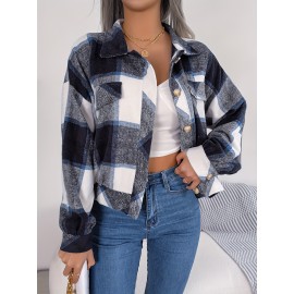 Women's Elegant Structured Jacket - Plaid Checkered Coat (Red/White/Tan) with Classic Collar & Chest Pocket Button Closure, Machine Washable Long Sleeve Blazer for Office, Casual or Formal Wear - Spring/Autumn Outerwear