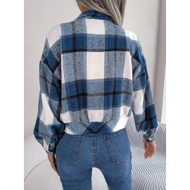 Women's Elegant Structured Jacket - Plaid Checkered Coat (Red/White/Tan) with Classic Collar & Chest Pocket Button Closure, Machine Washable Long Sleeve Blazer for Office, Casual or Formal Wear - Spring/Autumn Outerwear