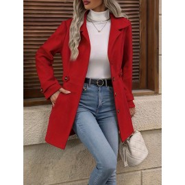Women'S Elegant Slim-Fit Mid-Length Coat - Lapel Collar Button Front Closure, Vibrant Red Winter Warm Coat with Belt, Structured Tailored Design for Casual & Formal Outfits, Versatile Outerwear for Fall and Winter Seasons, Elegant Coat for Women