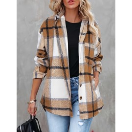 [Plaid Shacket] Plaid Shacket - Women's Long Sleeve Button Overshirt W/ Mid-Weight Warmth | Fall Layering Staple For Work, Weekend & Date Nights