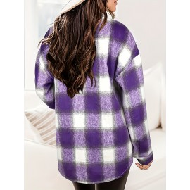 [Plaid Shacket] Plaid Shacket - Women's Long Sleeve Button Overshirt W/ Mid-Weight Warmth | Fall Layering Staple For Work, Weekend & Date Nights