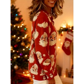 Women's Lapel Button Front Cardigan Jacket with Santa Claus & Christmas Prints - Warm Winter Coat for Christmas Parties, Lapel Collar Outerwear, Machine Washable Blazer (Autumn/Winter), 2D Flat