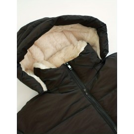 Women's Winter Fleece-Lined Hooded Jacket -Elegant Special & Relaxed Fit Coat with Zipper Front, Long Sleeve Casual Outerwear for Cold Weather, Seasonal Fashion, Warm Fabric, Cozy Material, Casual Attire