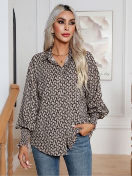 Women'S Elegant Geometric Print Lantern Sleeve Shirt | Long Sleeve, Single Breasted, Lapel Collar, Spring/Fall New Arrival.