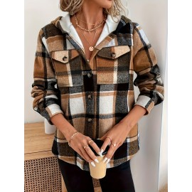 Women's Retro Plaid -Lined Hooded Jacket - Soft Brushed Polyester Button-Front Coat, Cozy Winter Outerwear for Fall & Winter, Casual Elegant Blazer (Single-Breasted Button Closure)