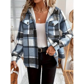 Women's Retro Plaid -Lined Hooded Jacket - Soft Brushed Polyester Button-Front Coat, Cozy Winter Outerwear for Fall & Winter, Casual Elegant Blazer (Single-Breasted Button Closure)
