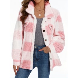 Cozy Plaid Fuzzy Jacket - Soft Thermal Insulation, Button Front, Flap Pockets, Long Sleeve, Casual Chic - Perfect for Fall & Winter, Women's Clothing, Thermal Jacket for Cold Weather