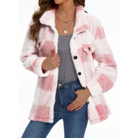 Cozy Plaid Fuzzy Jacket - Soft Thermal Insulation, Button Front, Flap Pockets, Long Sleeve, Casual Chic - Perfect for Fall & Winter, Women's Clothing, Thermal Jacket for Cold Weather