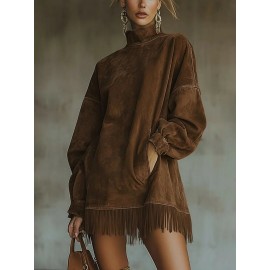 Bohemian Winter Dress with Suede Fringe Hem & Pockets - High Neck Long Sleeve Elegant Loose Fit Dress, 3D Tailored Silhouette for Weddings, Parties, Daily Wear - Machine Washable Autumn Dress