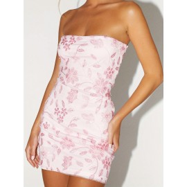 Women's Sexy Red Beaded Floral Off-Shoulder Bodycon Mini Dress - Sparkly Sequin Sleeveless Open Back Tube Top, Summer Party & Night Out Dress, Machine Washable