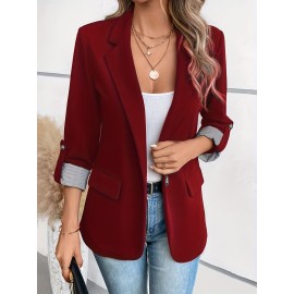 Women's Elegant Solid Black/White Lapel Blazer Jacket - Structured X-Line Single-Button Closure Work Suit Coat with Fake Pockets, Machine Washable Professional Office & Commuter Attire, Year-Round Tailored Outerwear