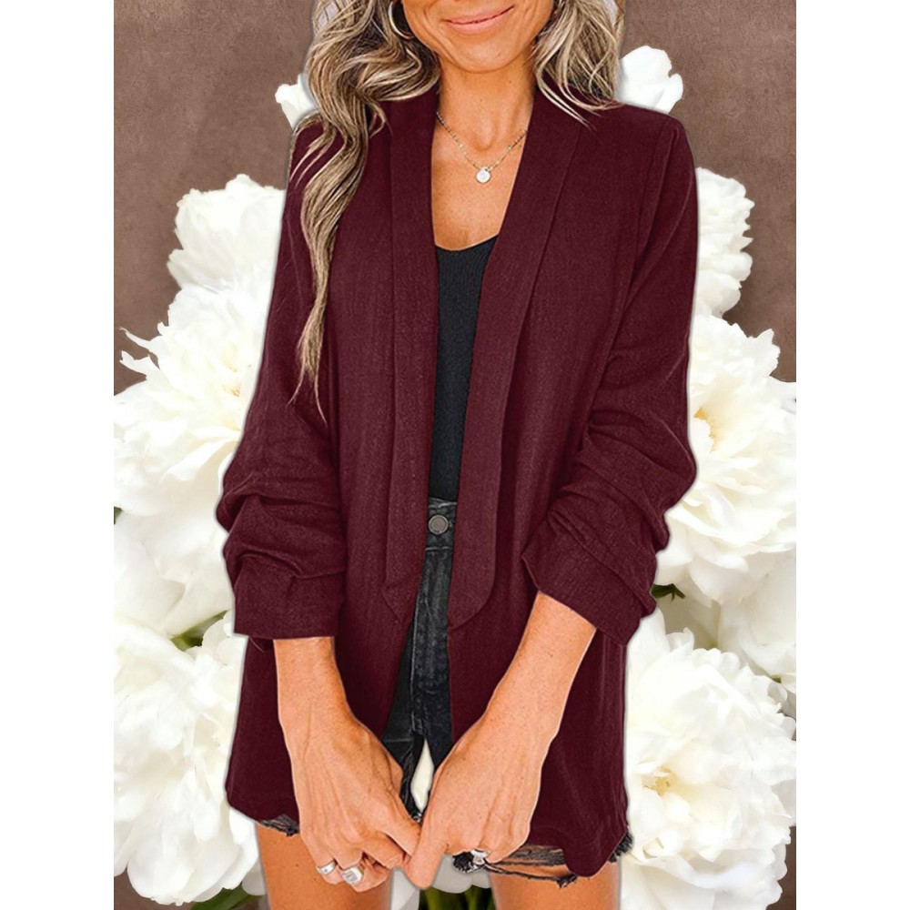 Women Fashion Solid Color Open Front Long Elastic Sleeves Suit Loose Blazers | Chic Outerwear, Single Breasted, Regular Length, Suitable for Everyday & Formal Outfits, Spring/Fall Essential