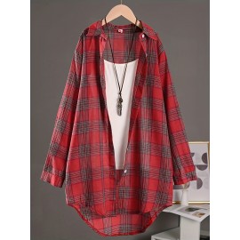 [Casual Plaid Shirt] Women's Casual Plaid Shirt - Thick Non-Stretch Fabric, Loose Fit Mid-Length Collar Single-Breasted Checkered Pattern, Machine Washable All-Season Top for Casual &, Formal Outfits, Versatile Clothing, Classic Design, Durable Material, Stylish Blouse
