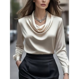 [Solid Color Versatile] Elegant Women's Long Sleeve Blouse - Soft Wrinkle-Resistant, Button-Front, Round Neck & Collar, All-Season Office Shirt