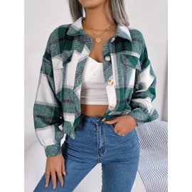 Women's Elegant Structured Jacket - Plaid Checkered Coat (Red/White/Tan) with Classic Collar & Chest Pocket Button Closure, Machine Washable Long Sleeve Blazer for Office, Casual or Formal Wear - Spring/Autumn Outerwear