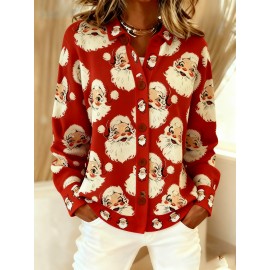 Women's Lapel Button Front Cardigan Jacket with Santa Claus & Christmas Prints - Warm Winter Coat for Christmas Parties, Lapel Collar Outerwear, Machine Washable Blazer (Autumn/Winter), 2D Flat