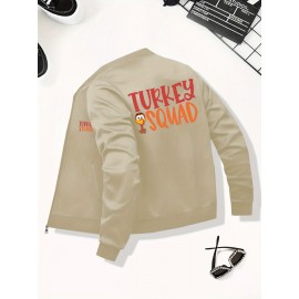 Women's Turkey Squad Graphic Zip-Up Jacket - Black Casual Slim Fit Stand Collar Coat with Pockets, Machine Washable Fall Winter Outerwear