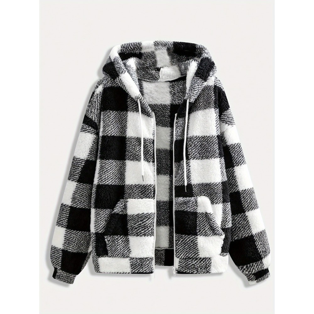 Women'S Plaid Fleece Coat - Mustard-Yellow & Checkered Winter Warmth, Soft Plush Jacket with Full-Zip Front Closure, Cozy Casual Outerwear for Fall & Winter, Winter Clothing, Fall Fashion, Stylish Outerwear, Fashion Lovers