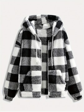 Women'S Plaid Fleece Coat - Mustard-Yellow & Checkered Winter Warmth, Soft Plush Jacket with Full-Zip Front Closure, Cozy Casual Outerwear for Fall & Winter, Winter Clothing, Fall Fashion, Stylish Outerwear, Fashion Lovers